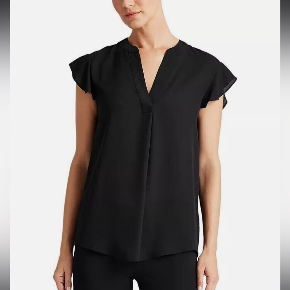 #197- CALVIN KLEIN-Flutter Sleeve Blouse size S Split V Neck Black NWT